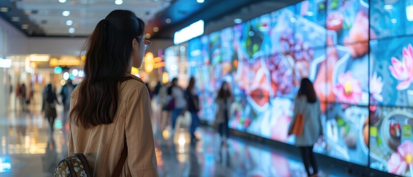 Woman in mall gazing at large digital screen displaying vibrant visuals. Modern shopping center with bright, dynamic LED display technology.