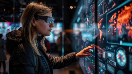 Fototapeta premium Woman using futuristic touch screen technology in a dark room, showcasing data and interactive digital displays - cutting-edge experience.