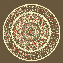 A detailed circular mandala design featuring intricate patterns and earthy colors.