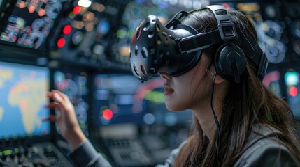 Young woman immersed in virtual reality headset, surrounded by advanced technology in a futuristic control room, exploring a digital world.