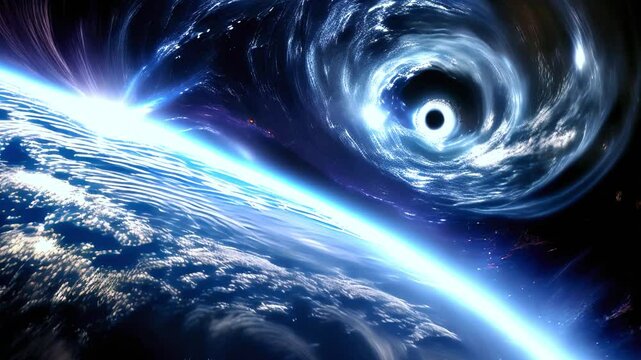Black hole near Earth, space exploration, cosmic phenomenon, deep space travel, gravity vortex, interstellar journey, astronomy wonders, universe mysteries, black hole and planet interaction video

