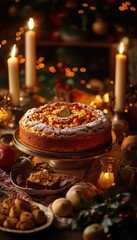 Obraz premium Greek New Year Vasilopita with Hidden Coin for Good Luck Amid Festive Decorations