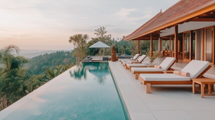 Fototapeta premium Luxurious infinity pool overlooking a serene tropical landscape at sunset. Elegant resort with palm trees.