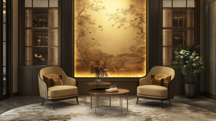 Fototapeta premium Bright gold accents on polished legendary wallpaper, softly illuminated, creating an elegant golden shine