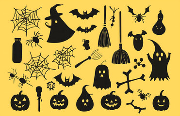 Halloween icons illustration on  yellow background spider web haunted house silhouette