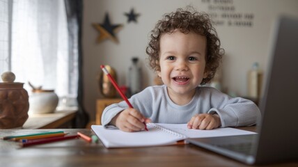 Cheerful Toddler Engaged in Drawing Activity