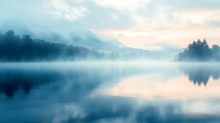 Obraz premium Drifting fog over a still lake at dawn, foggy weather, calm and ethereal