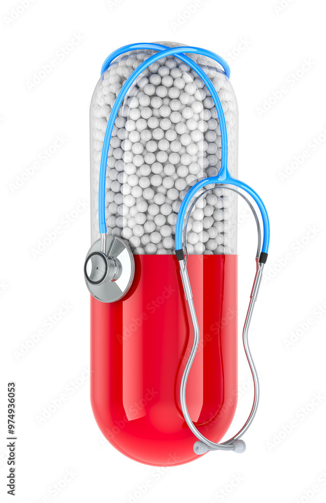 Poster medicament capsule with stethoscope. 3d rendering isolated on transparent background