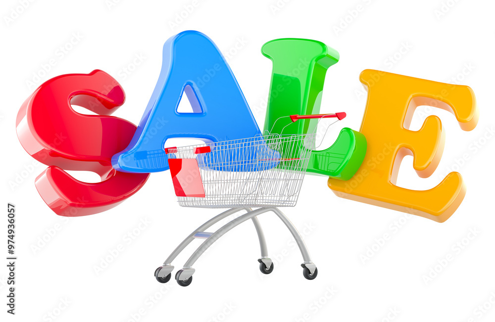 Poster sale concept with shopping cart, 3d rendering isolated on transparent background