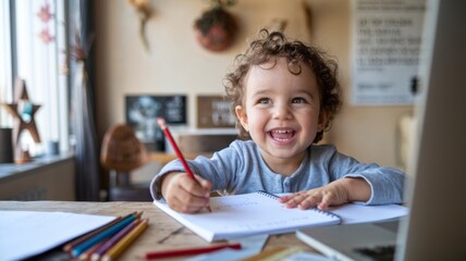 Cheerful Toddler Engaged in Drawing Activity