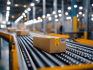 Quality control stamp on a package in a busy distribution center, certification, final inspection