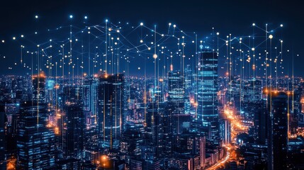 Obraz premium Cityscape with glowing AI data links connecting skyscrapers, symbolizing an interconnected future world of digital technology