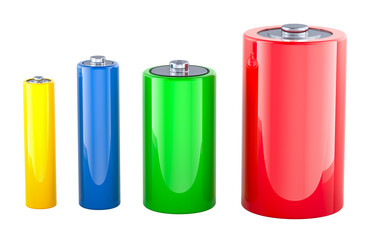 Set of Batteries, different types and sizes. 3D rendering isolated on transparent background