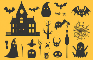 Halloween icons illustration on  yellow background spider web haunted house silhouette
