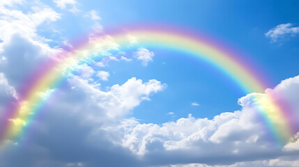 Naklejka premium Rainbow arching across a cloudy sky after a rainstorm, colorful weather phenomenon