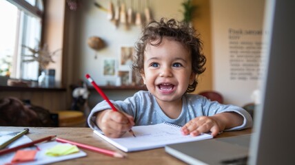 Cheerful Toddler Engaged in Drawing Activity