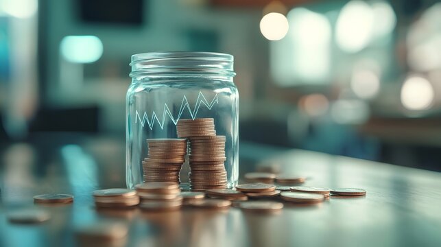 A jar filled with stacked coins, symbolizing savings and financial growth in a modern, blurred background.
