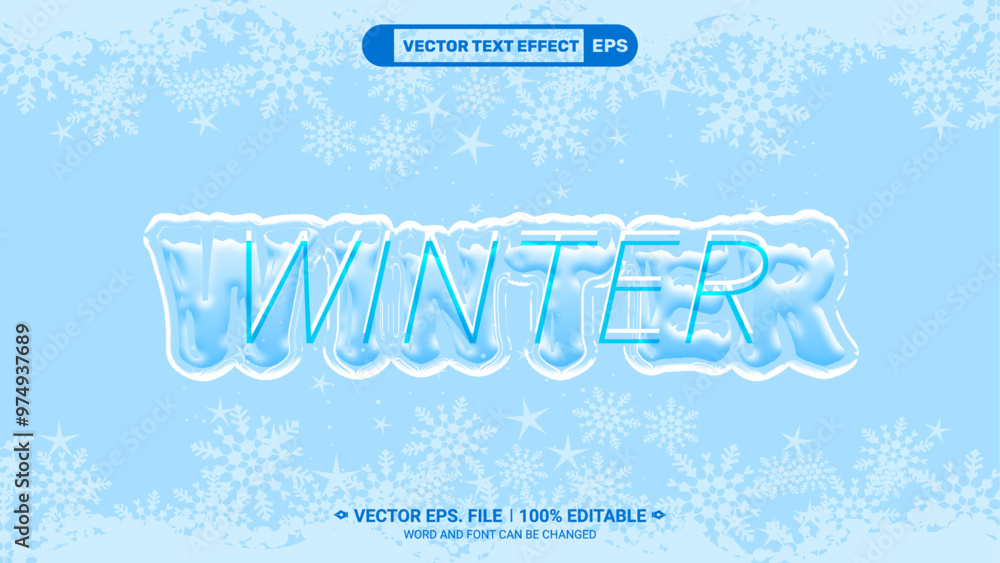 Poster frozen style winter 3d editable vector text effect with snowflake background