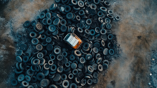 Old abandoned car sitting on a pile of tires in a junkyard