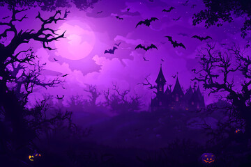 Halloween background with  purple color scheme haunted house cute pumpkins