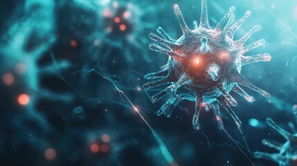 Obraz premium Close-up of computer virus appearing as organic matter infiltrating a network, blurred edges, soft colors, and depth of field adding a sense of rapid spread.