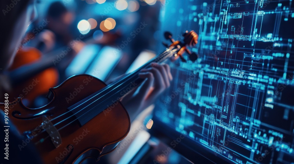 Poster violinist performing in front of a computer screen with blue data visualization
