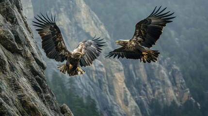 Obraz premium Two Bald Eagles in Flight Over Rocky Mountainside