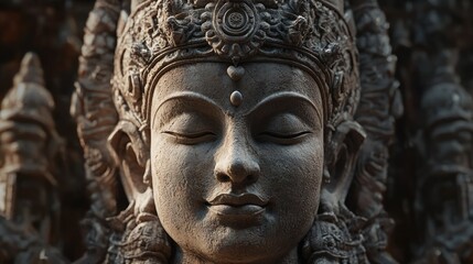 Obraz premium Close-up of a Stone Buddha Sculpture with Closed Eyes