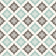 A repeating decorative pattern featuring intricate designs in brown and light blue on a neutral background.