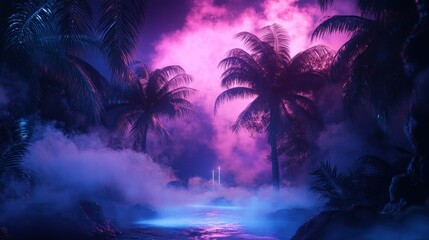 Dreamy Tropical Landscape with Fog and Neon Lights