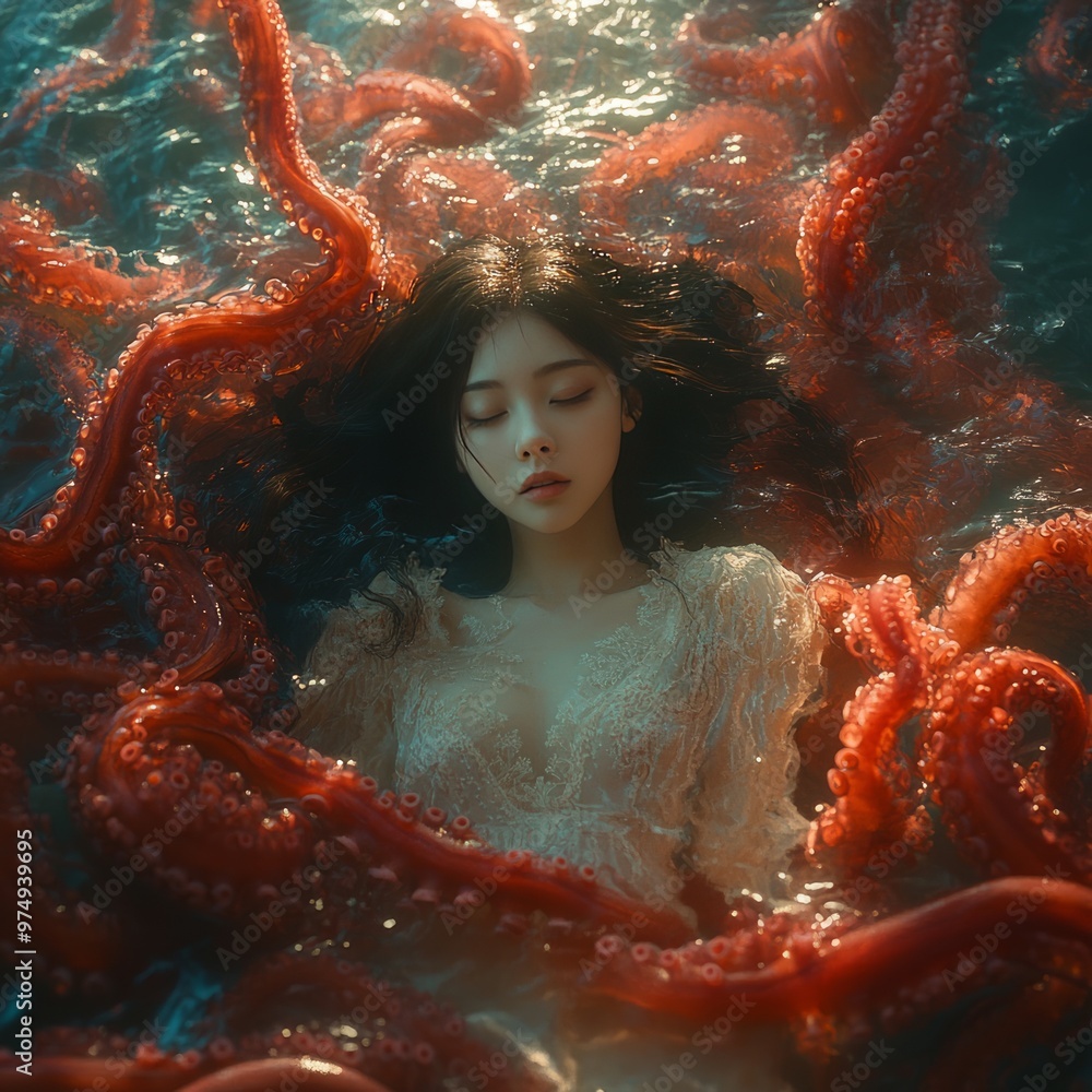 Canvas Prints A serene scene of a woman surrounded by octopus tentacles.