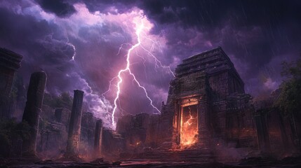 Ancient Ruins Burning Under a Thunderstorm