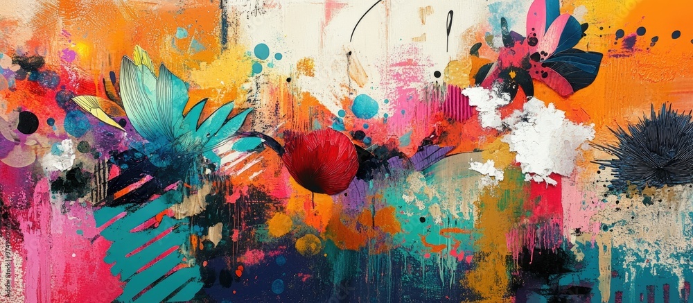 Poster Mixed media artwork showcasing vibrant colors and dynamic textures blending various artistic techniques and materials for a unique visual experience
