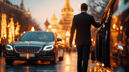 Man in suit opening door of luxury car on illuminated city street.