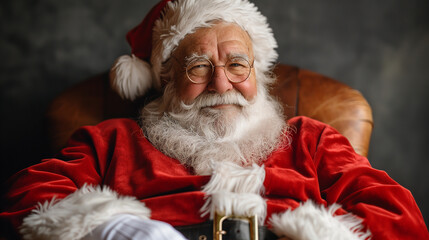 Naklejka premium Santa Claus sitting on the chair. Winter Holiday postcard. Xmas. Happy New Year. Merry Christmas. holiday presents