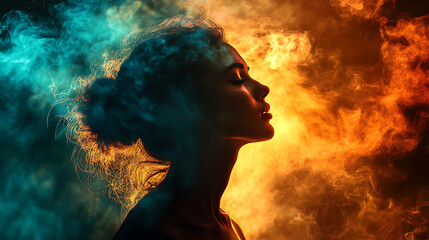 Photo of woman, fiery smoke all around her, silhouette lighting and side lighting