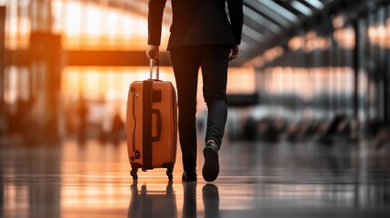 Fototapeta premium Man walking with suitcase in airport, travel and motion concept, blurred background.