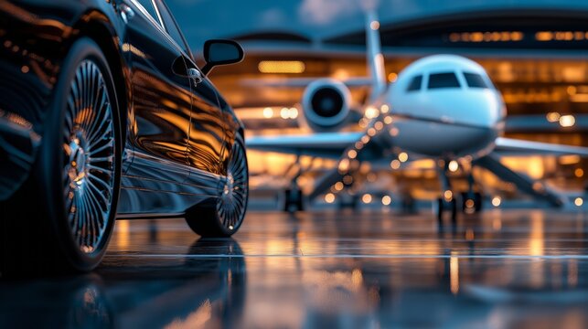 luxury car and private jet waiting at an airport during twilight. exclusive travel and wealth concept.
