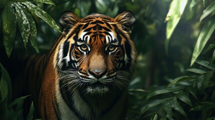 A Close-Up Portrait of a Tiger in Lush Greenery