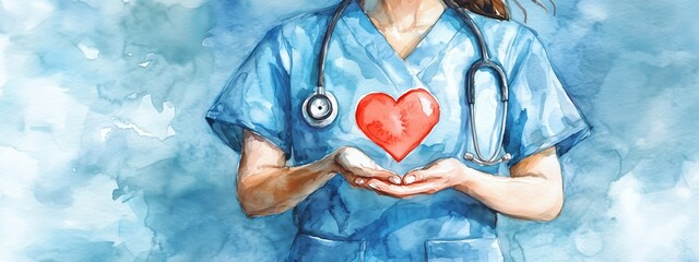 Heart specialist doctor hands holding red miniature Heart with both hands on white background, watercolor style. Organ donation, wellbeing family insurance, CSR concept, world heart day, world health