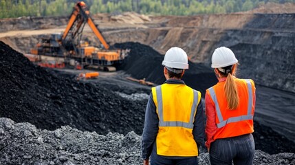 Two mining engineers in hard hats looking at an open pit mine, Two engineer looking at open-pit mine.