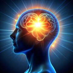 Obraz premium Human silhouette with glowing brain showcasing creativity and mental energy against dark background 