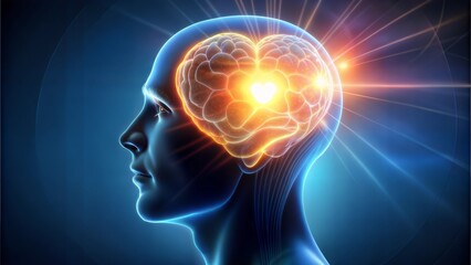 Obraz premium Human silhouette with glowing brain showcasing creativity and mental energy against dark background 