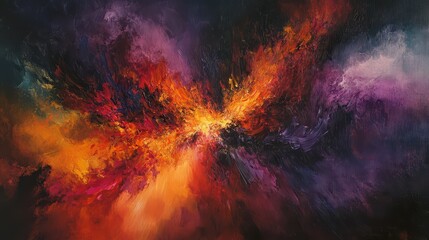 Colorful eruption with shifting reds, oranges, and purples, creating a dramatic visual on a dark canvas