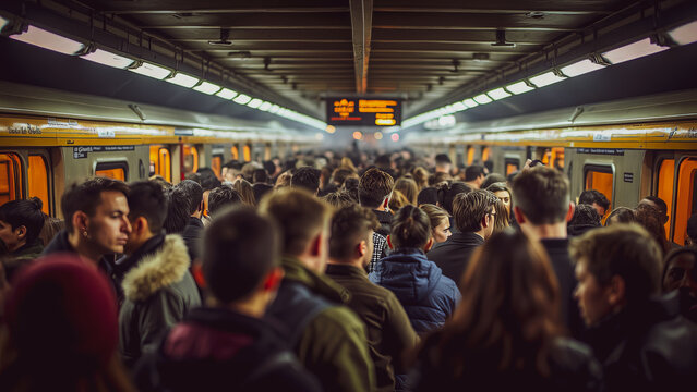 A crowded subway platform filled with commuters during rush hour. People are waiting for trains, showcasing urban life and daily travel routines.