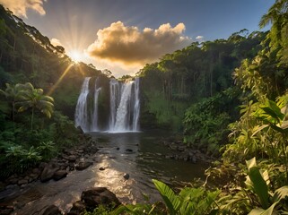 Majestic Waterfall in Lush Tropical Rainforest at Sunset