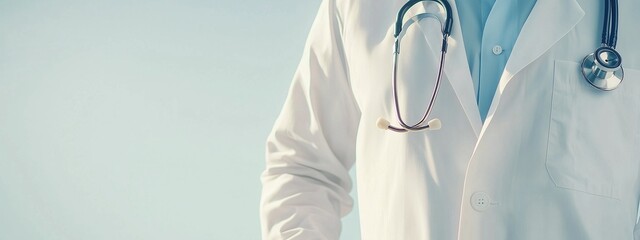 Horizontal image доктора со скрещенными руками на груди со a stethoscope on a isolated light background with copy space. For banner, design, medical clinic, checkup, World Lung Cancer Day