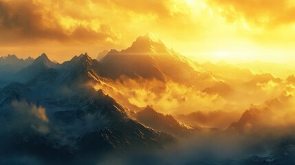 Fototapeta premium Golden Sunset Over Misty Mountain Peaks