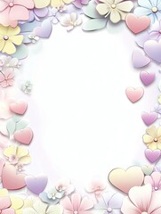 Obraz premium A colorful floral frame featuring pastel flowers and hearts, perfect for invitations, announcements, or creative designs.