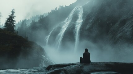 Solitary Figure Contemplating a Majestic Waterfall in a Misty Forest